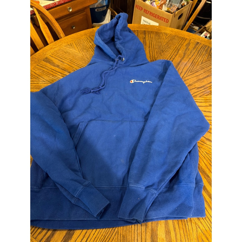 Champion Reverse Weave Hoodie Mens Large Royal Blue Script Logo Pullover